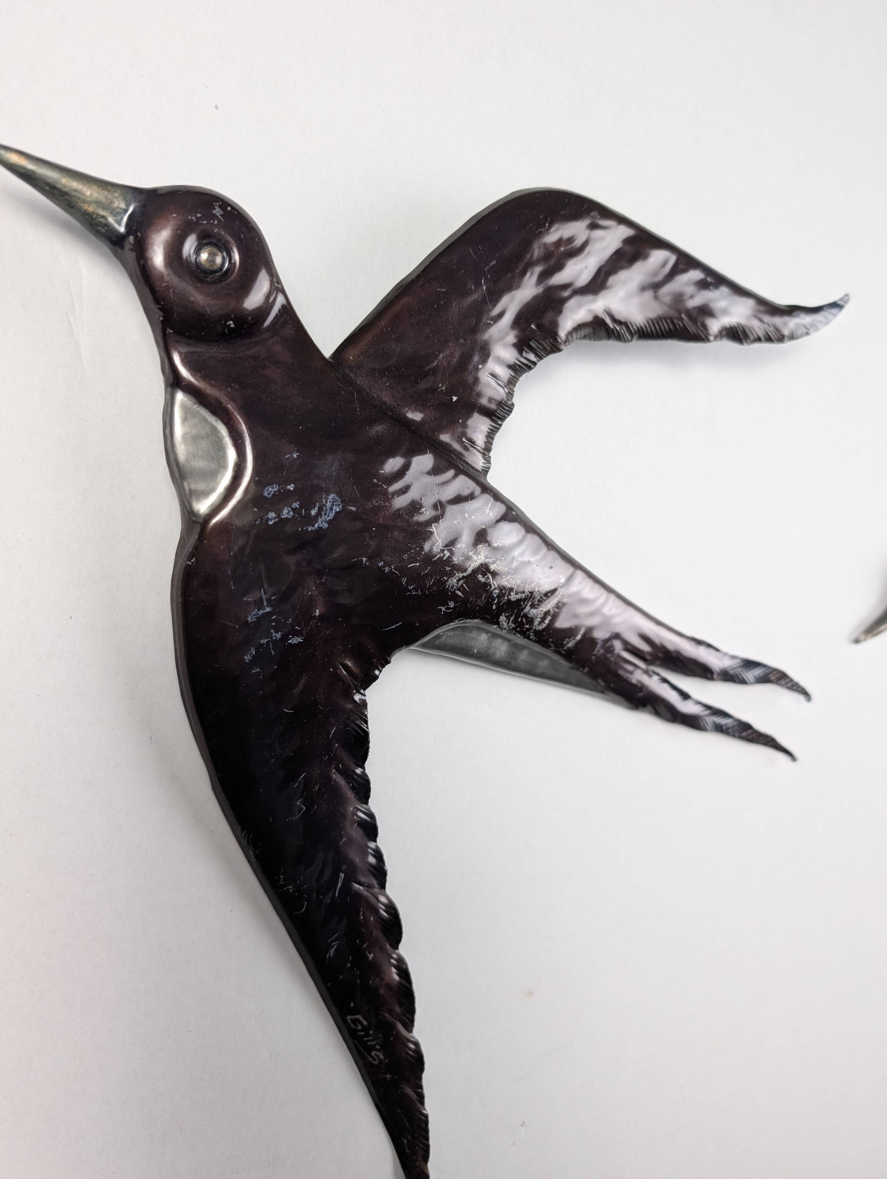 Pair of Metal Wall Sculptures Swallows, Signed, 1970s