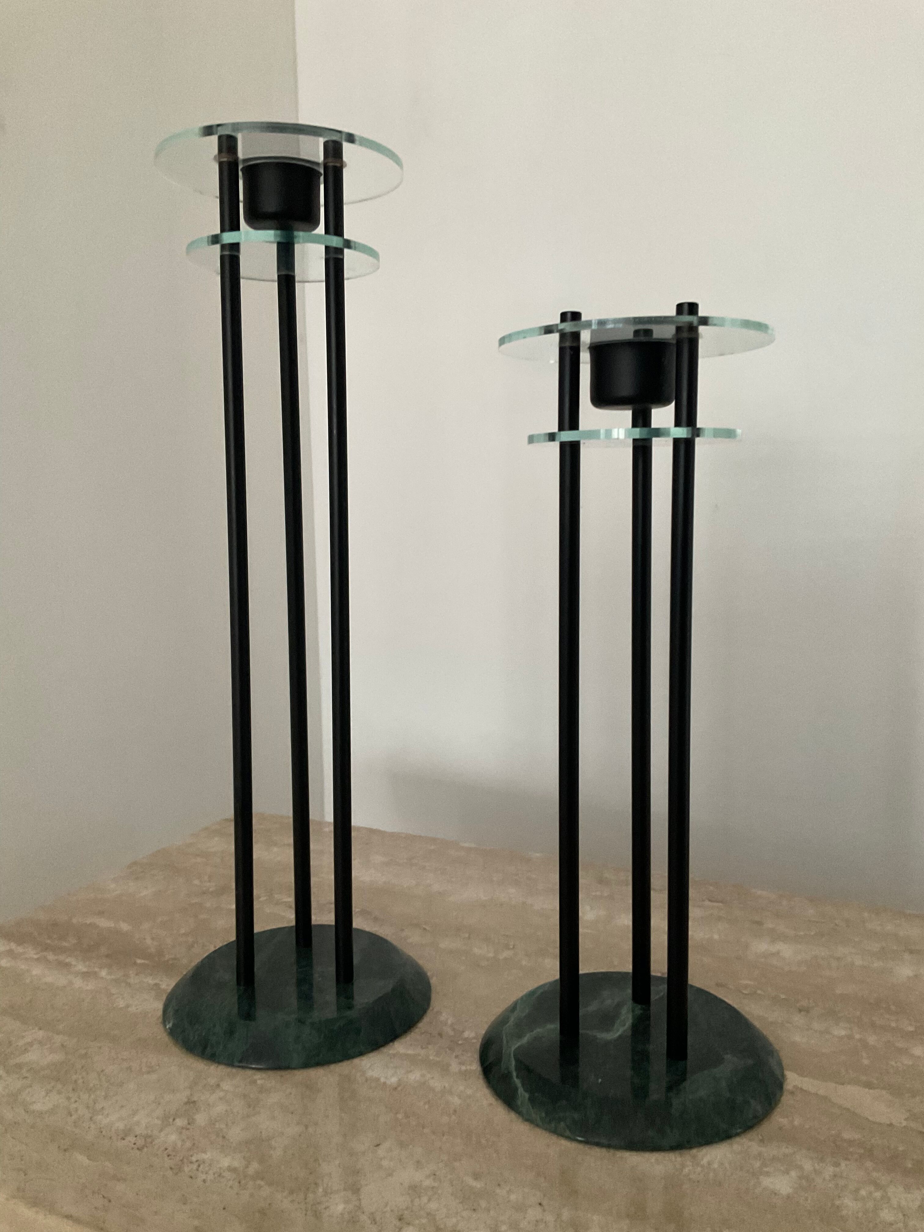 Duo of vintage candle holders in marble and plexiglass 70s-80s