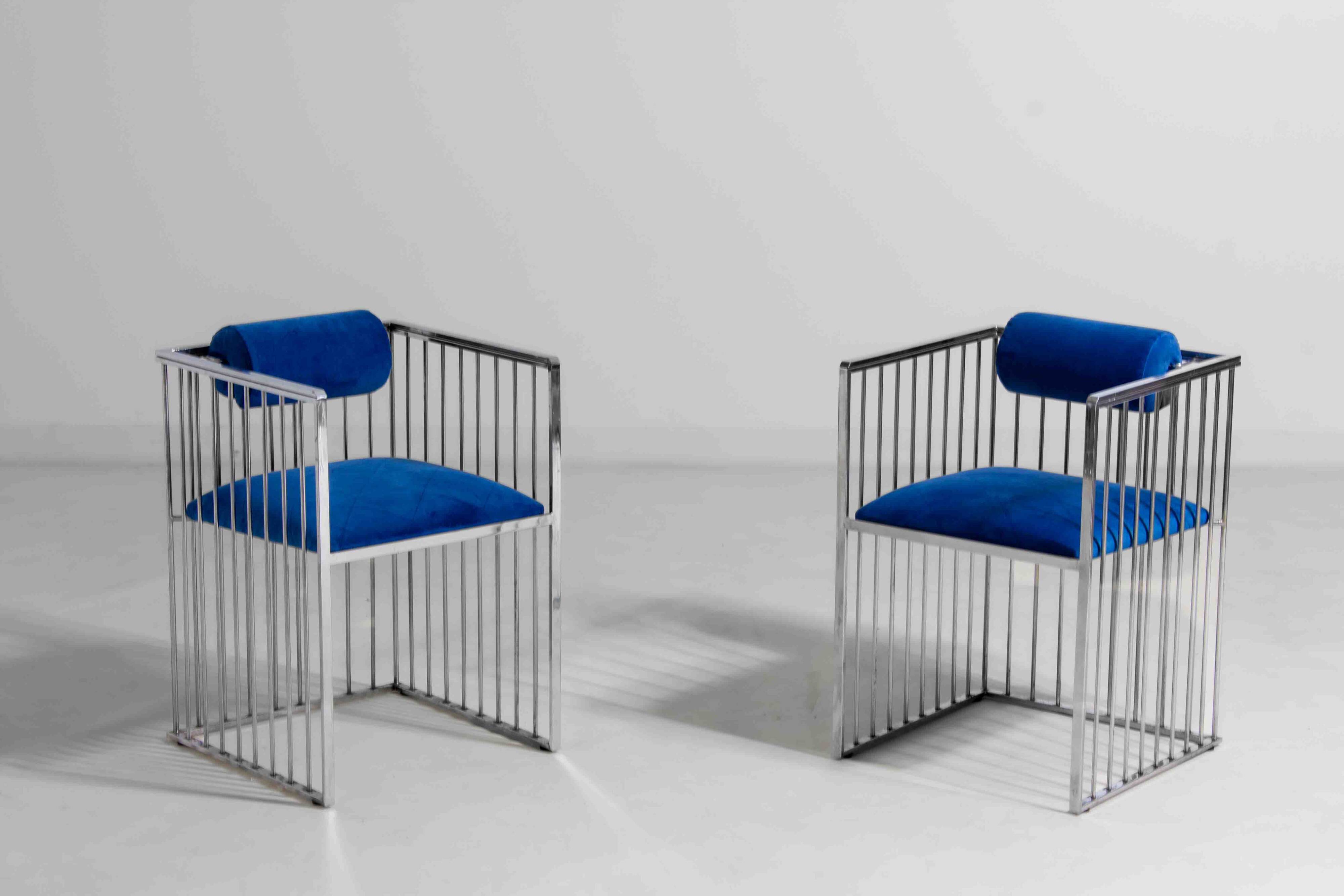 Set of four Italian modernist chrome chairs with royal blue velvet, 1970s