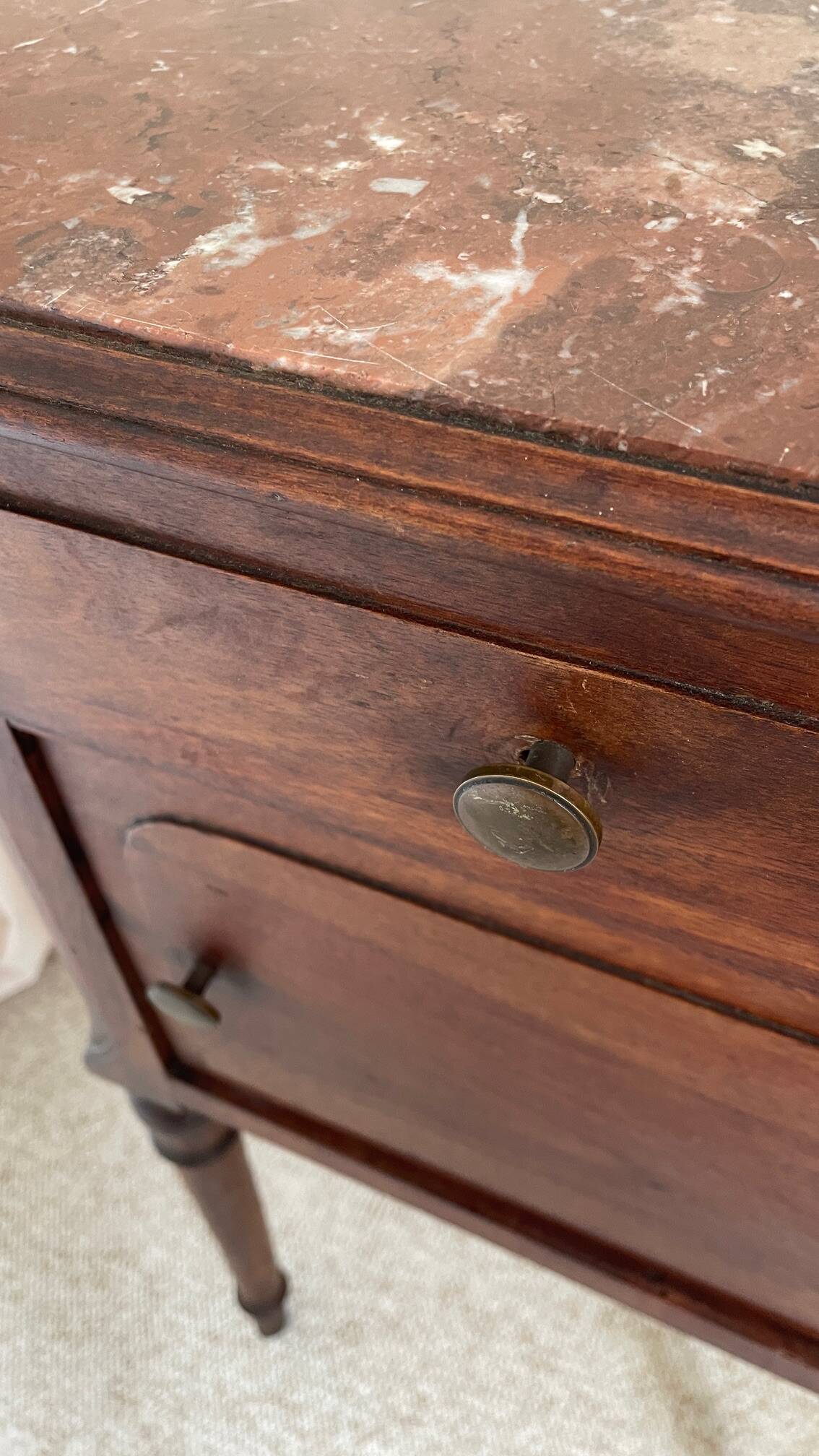 Antique bedside table in wood and marble
