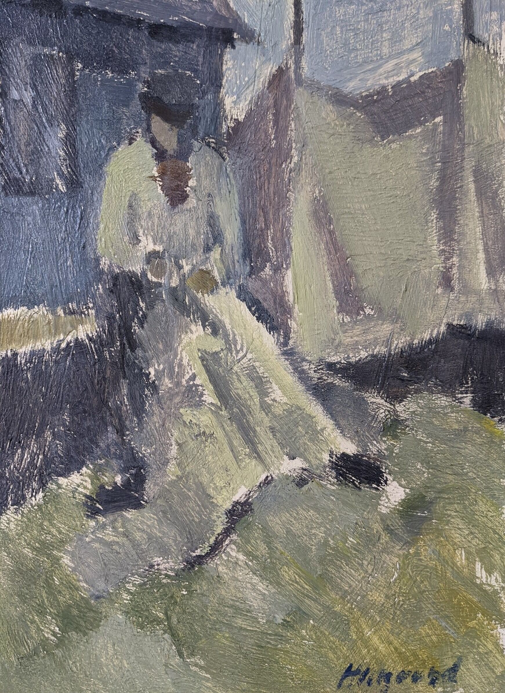 Mid-Century Modern "The Fisherman" Vintage Swedish Figurative Oil Painting, Framed