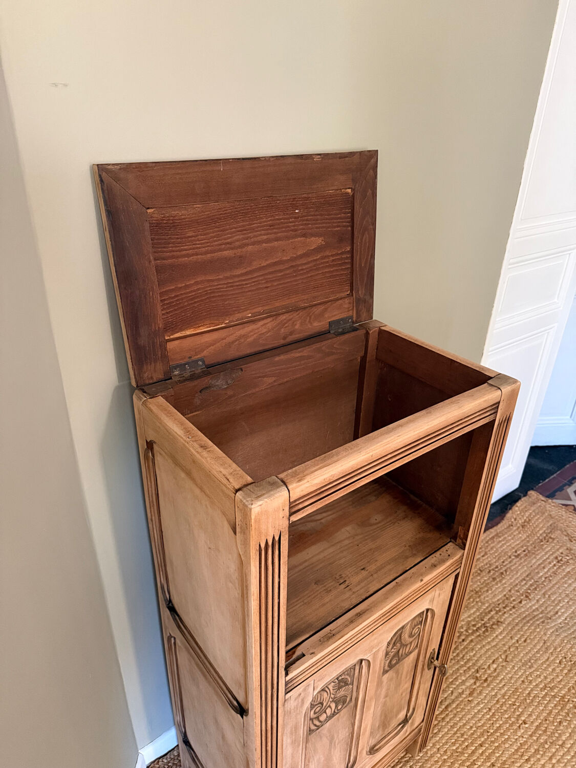 Small Art Deco jam cabinet in carved blonde oak