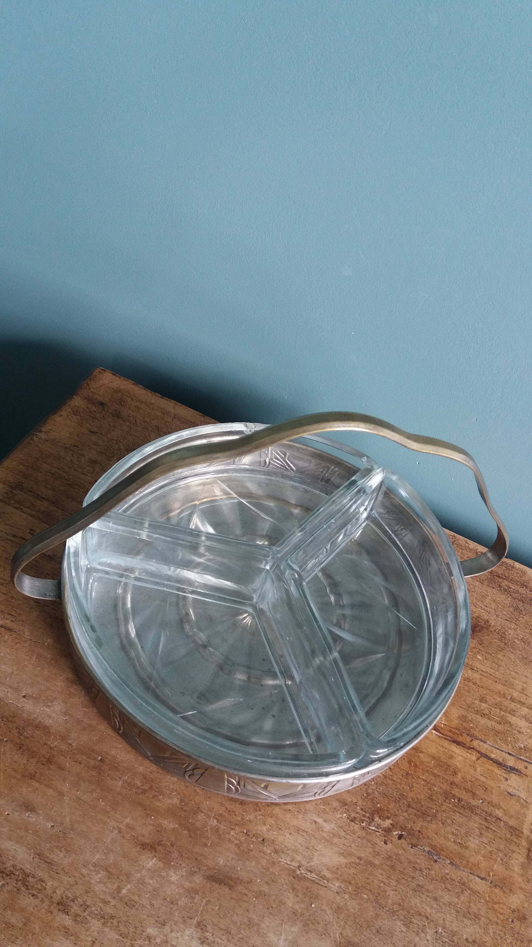 Aperitif platter, metal server and glass ramekins, Art Deco