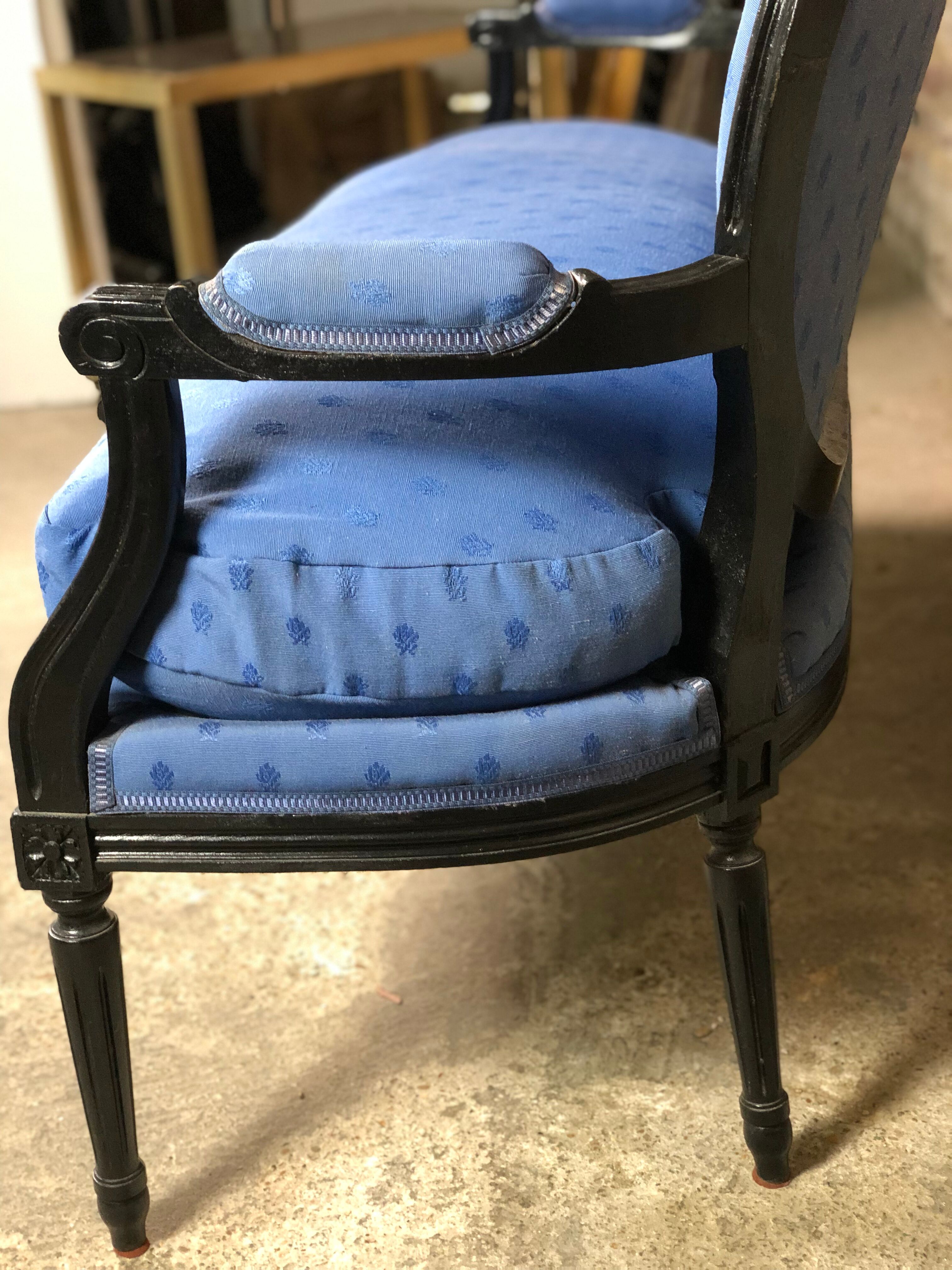 Louis XVI style bench in black wood and blue fabric