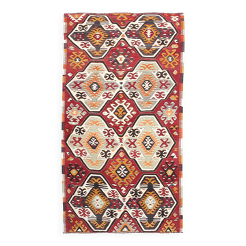Kilim Vintage Géométrique Multicolore – Tapis Ethnique Fait Main,148x259 Cm