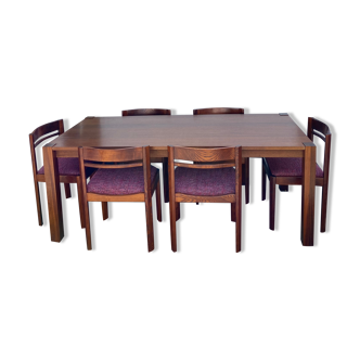 Teak wood dining table with 6 vintage rosewood chairs