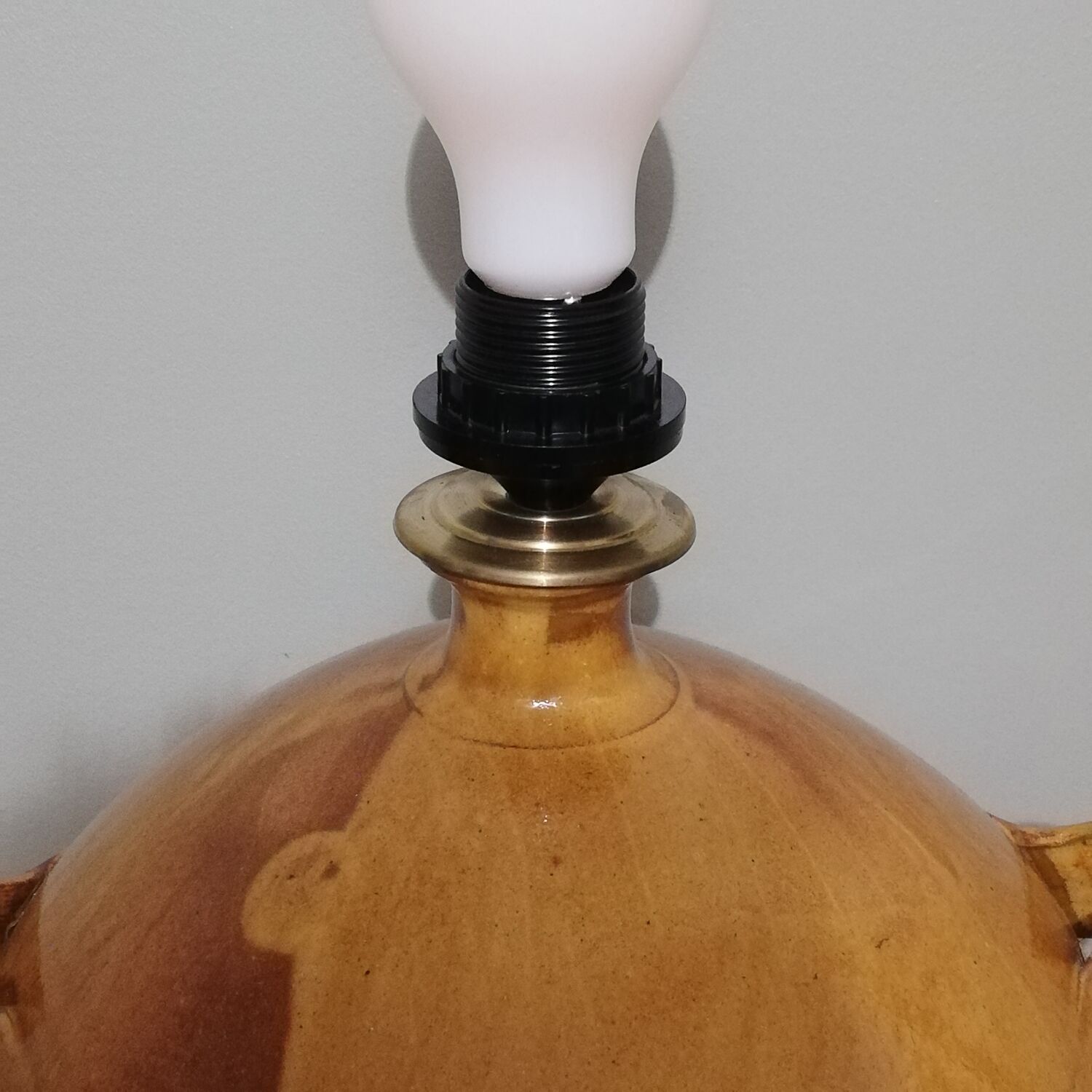 Vintage glazed stoneware lamp with hand-painted lampshade