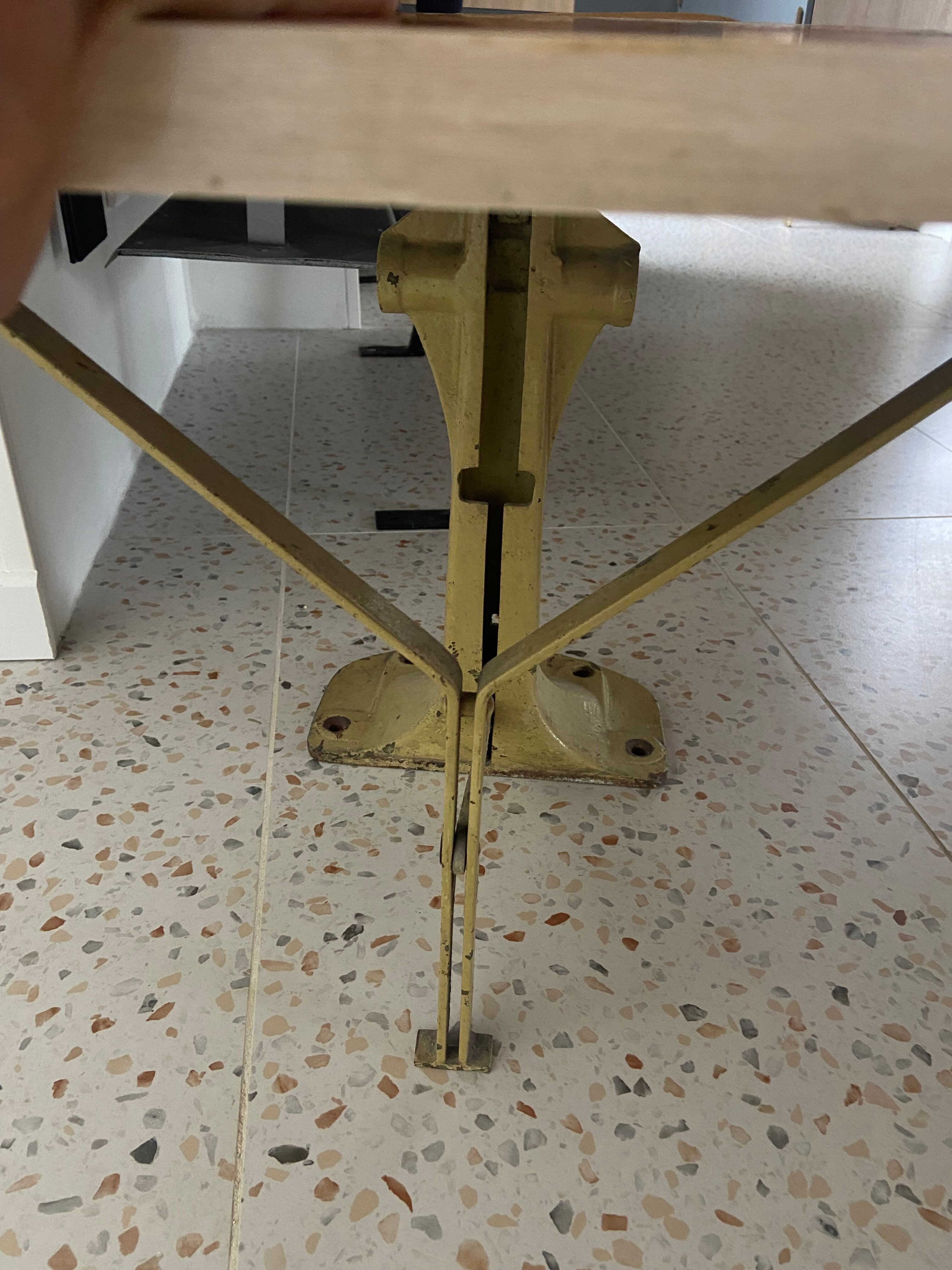 Old folding train table or wooden strapontin 1920 metal base