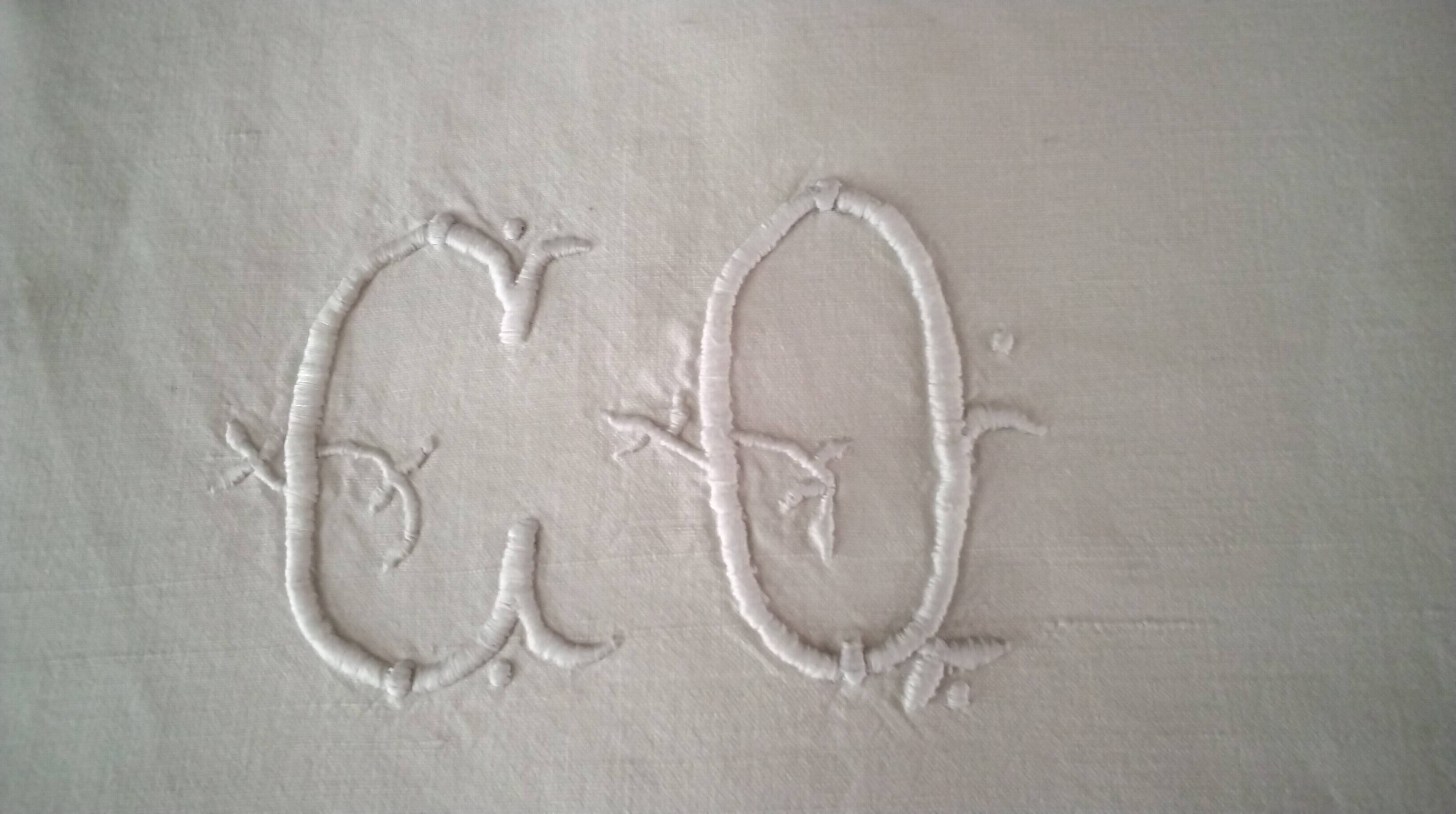 White cotton top sheet monogrammed "CQ" 2 x 3 m