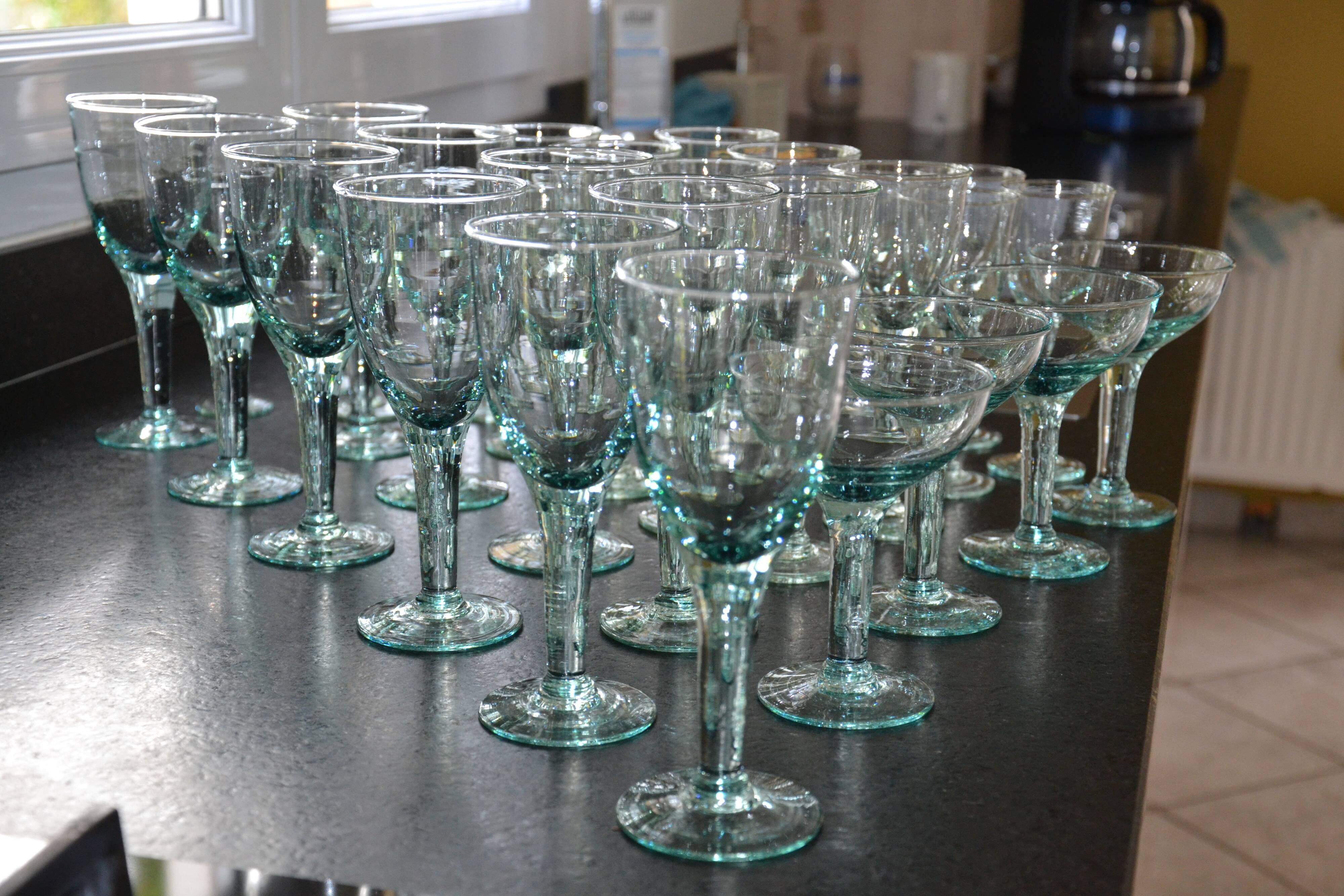 Set of hand-blown stemmed bubble glasses