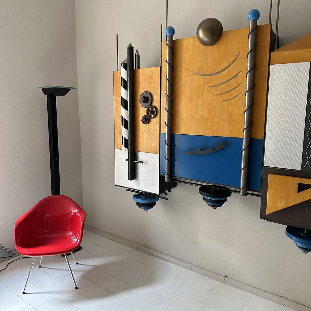 Large Postmodern Wall Unit in Metal and Lacquered Plywood, 1980s