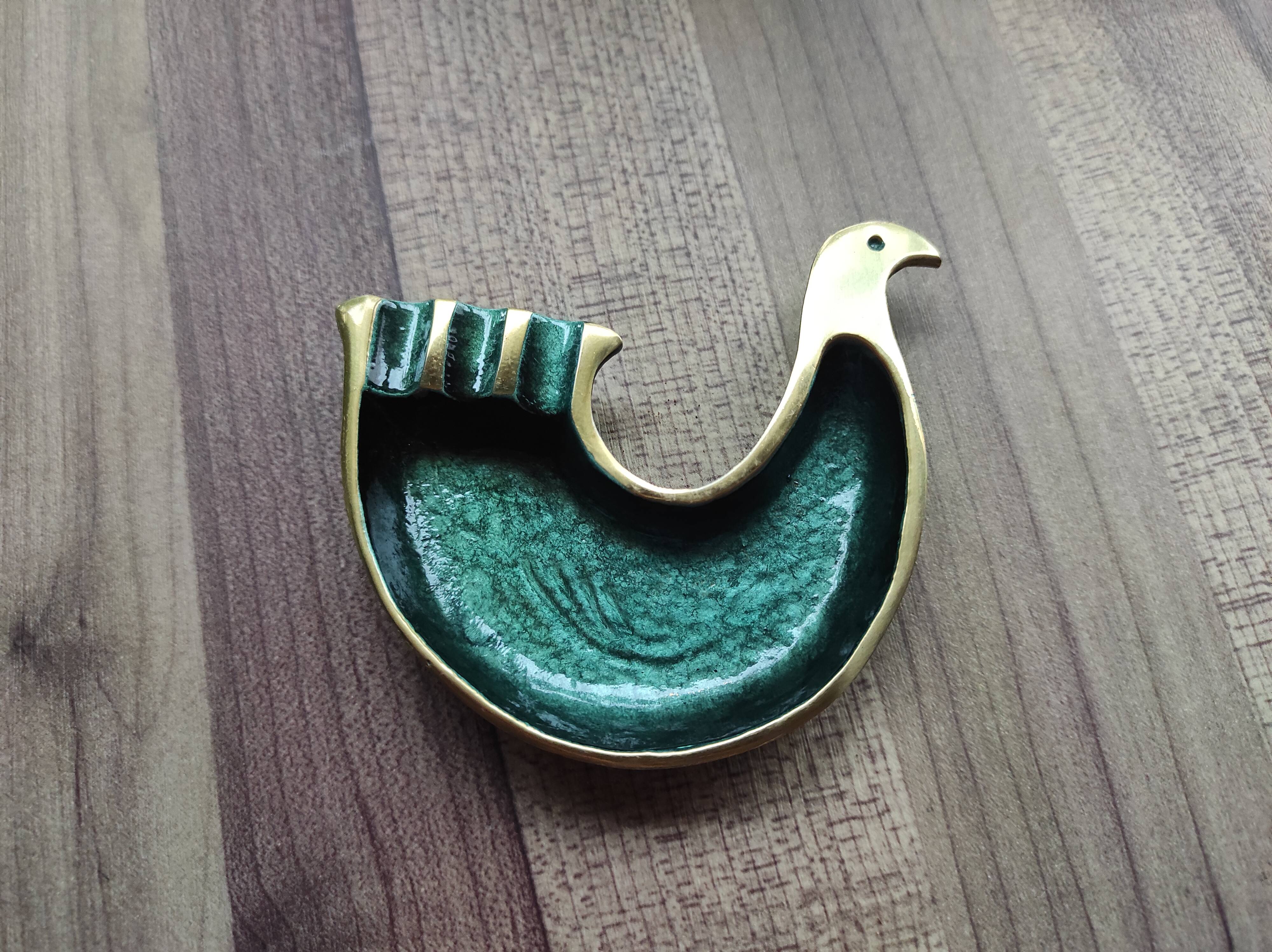 Decorative brass and green enamel bird-shaped ashtray