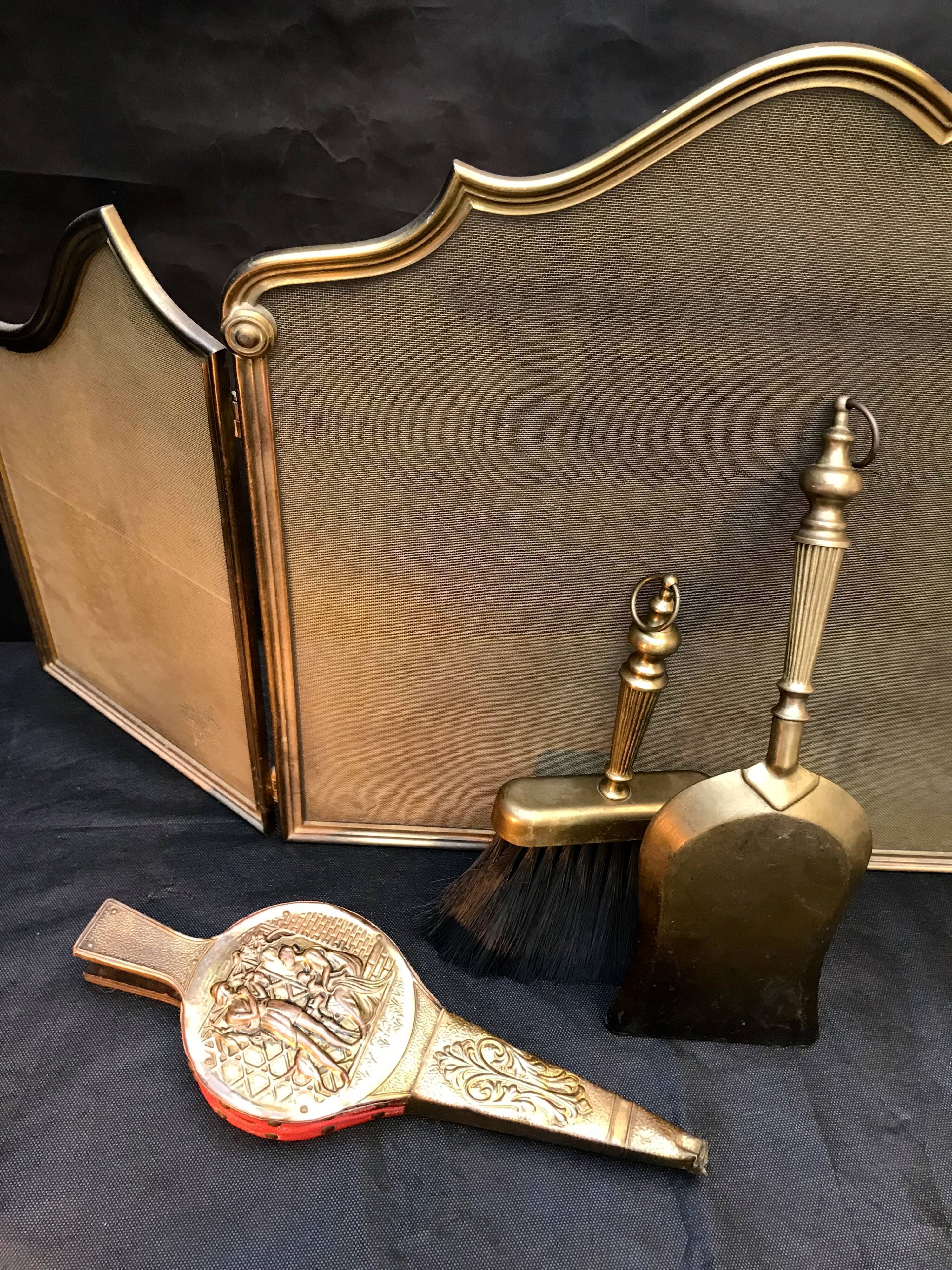 Old fire screen and accessories brass fireplace 1940 spark arrest fireplace firescreen