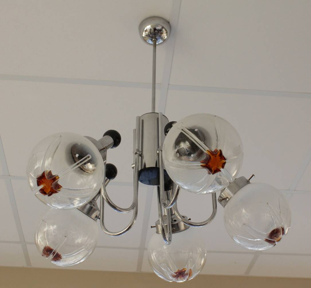 Chandelier with 5 arms of lights, Mazzega style, 1970
