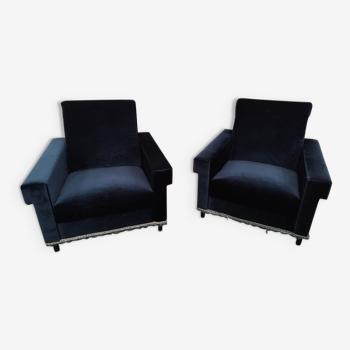 Pair of navy blue velvet armchairs with iron tube legs
