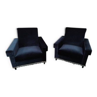 Pair of navy blue velvet armchairs with iron tube legs