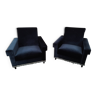 Paire de fauteuils en velours bleu marine pieds tube fer