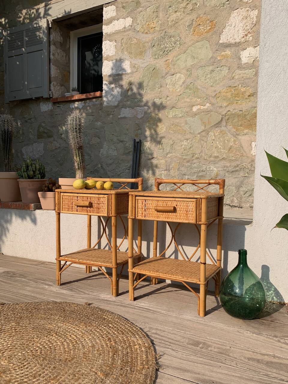 Paire de chevets rotin vintage