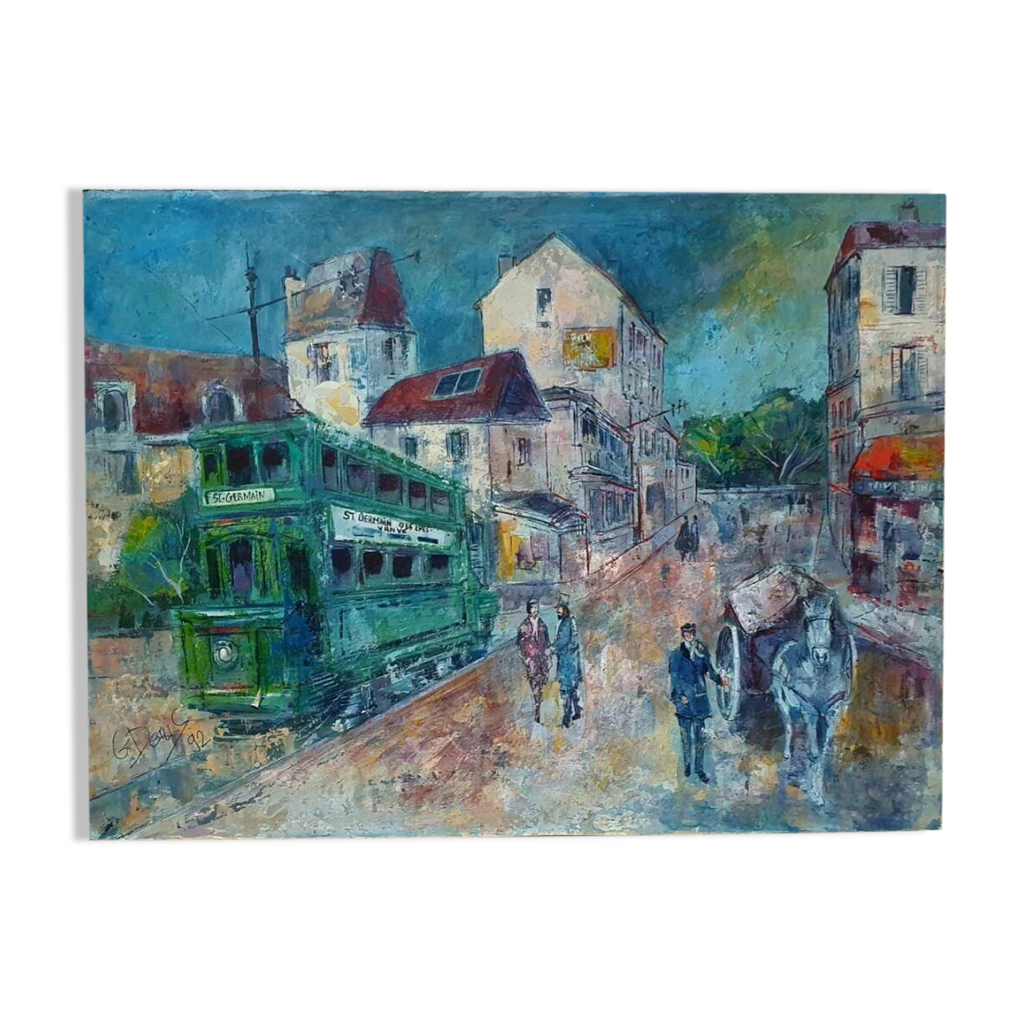 Tableau ancien rue animée à Saint Germain, signé G. Denis