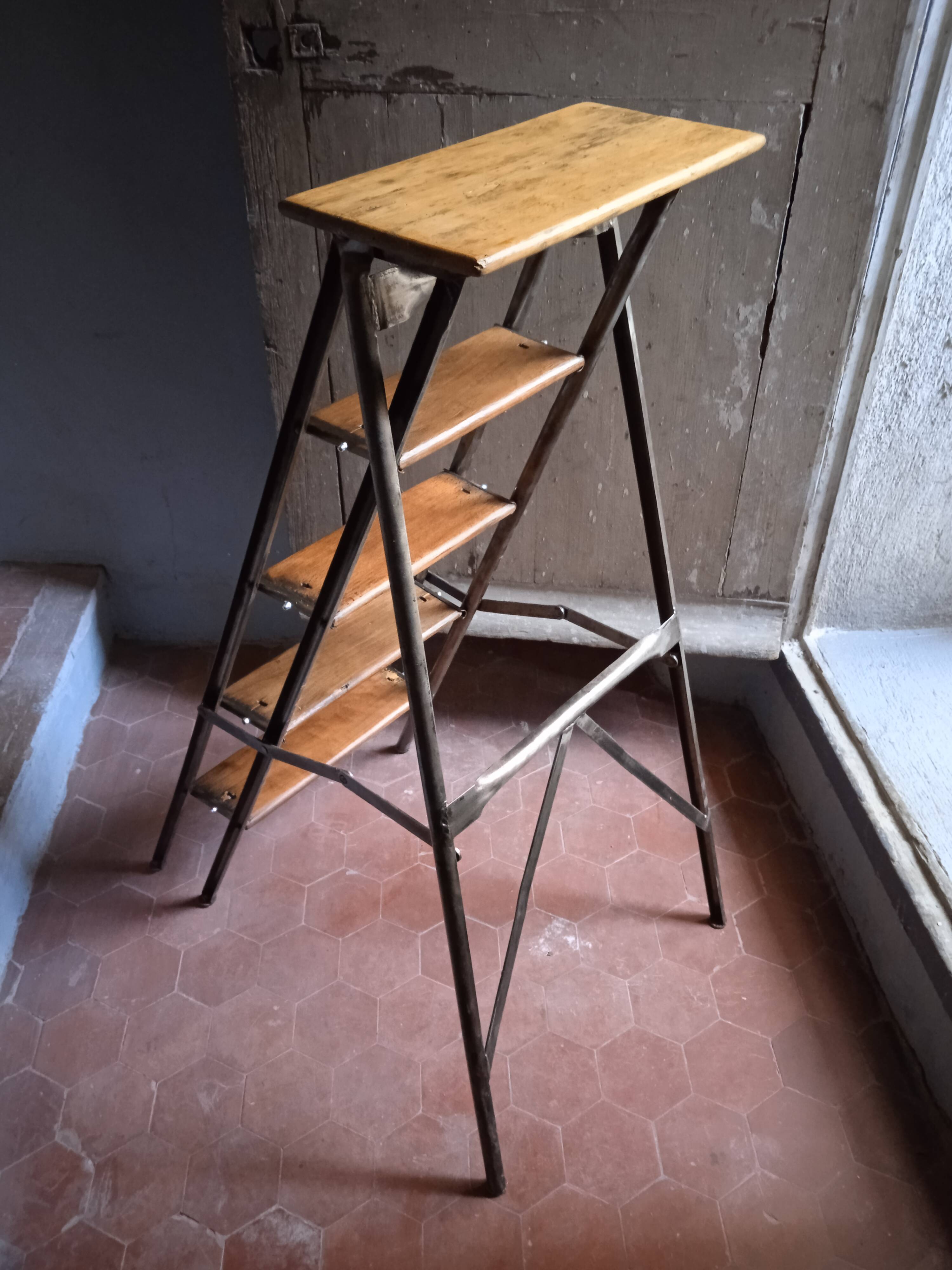 Vintage iron and wood stepladder with 5 steps