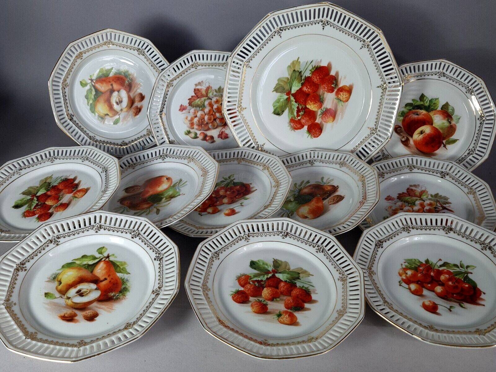 Set of 10 dessert plates & dish, openwork marli & fruits vintage 50s