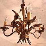 Chandelier with ears of wheat and flowers in gilded metal