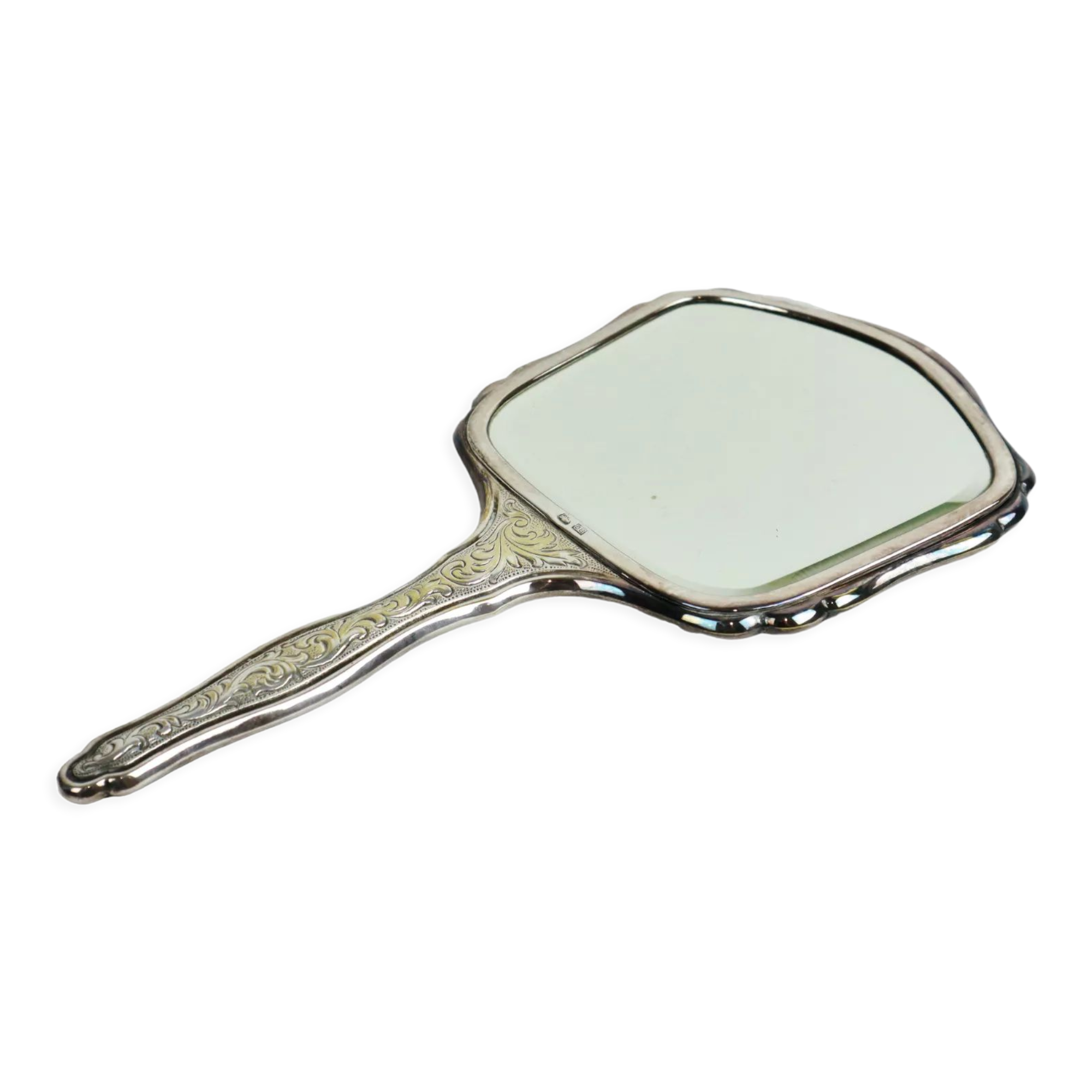 Silver plated hand mirror facet with silver mark bear floral pattern 25cm