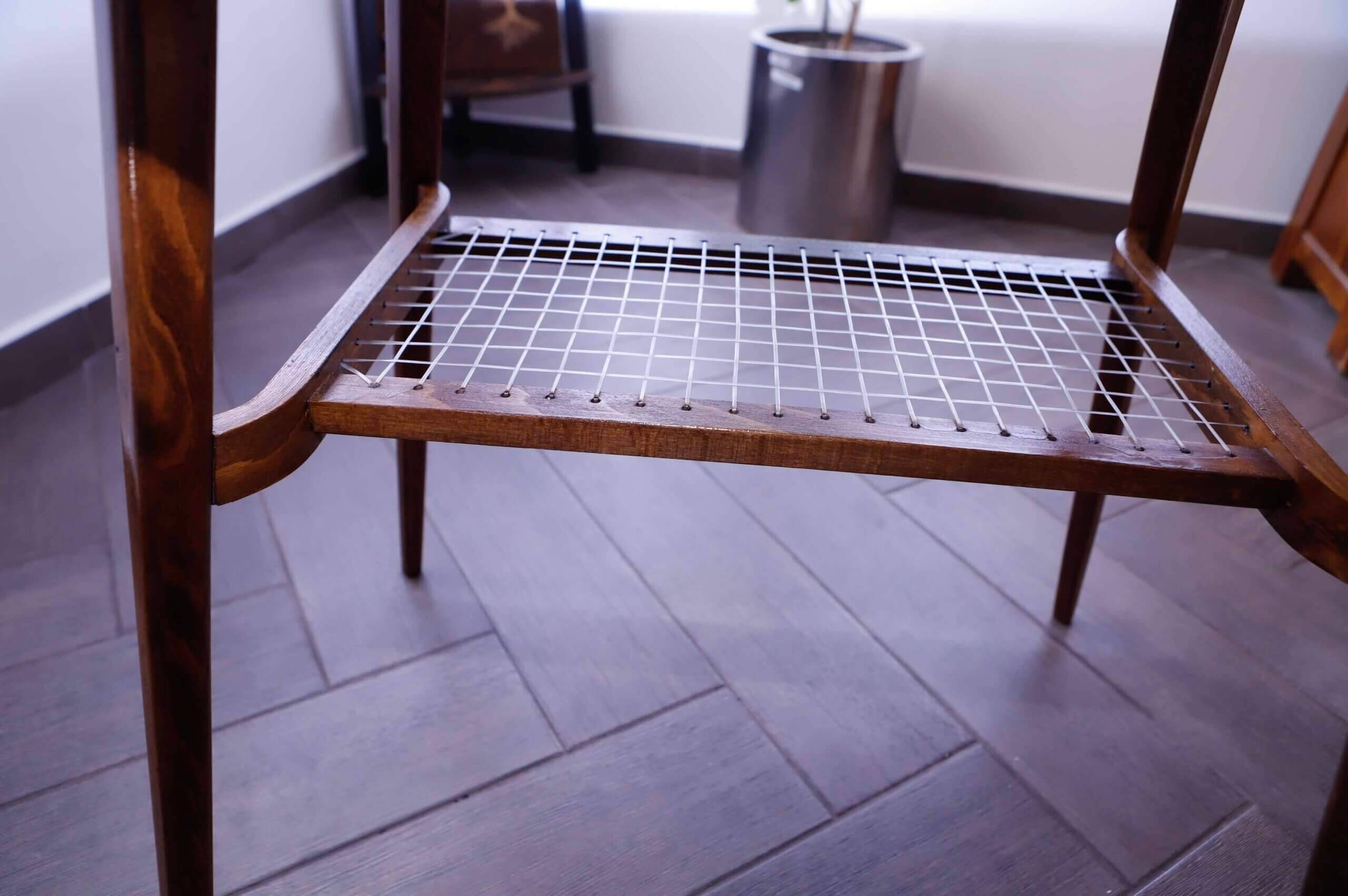 Brussels style retro table with woven shelf – Dřevopodnik Holešov, 1960s