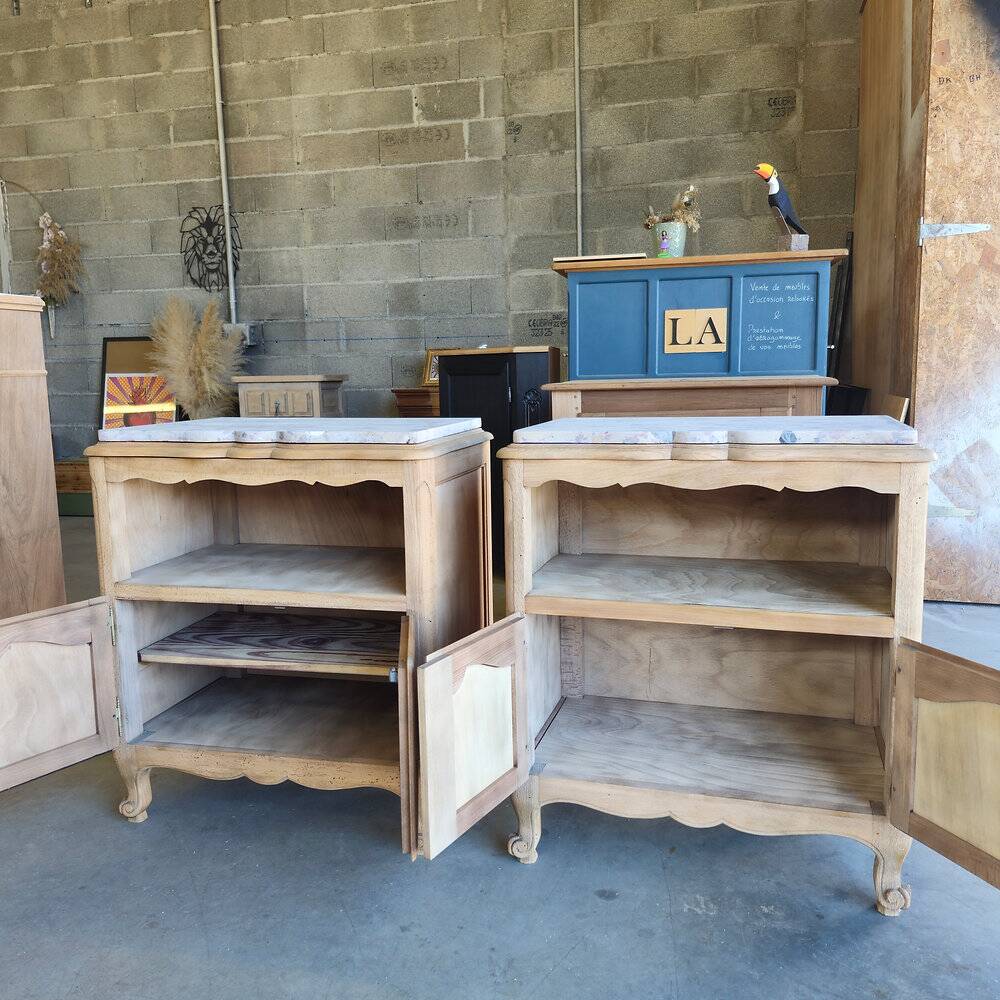 2 antique bedside tables made of solid wood and marble – sandblasted