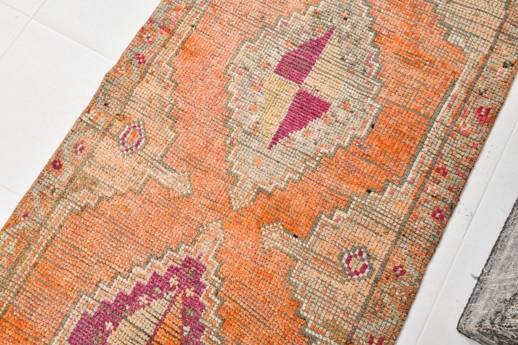 Pumpkin Orange & Pink Vintage Runner Rug, Anatolian Turkish Flatweave
