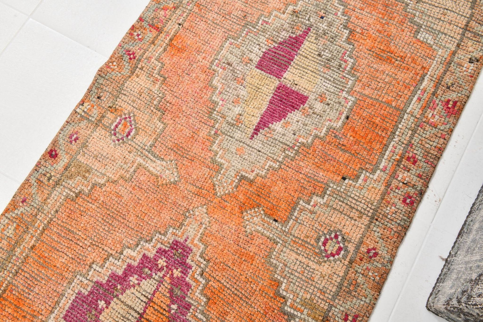 Pumpkin Orange & Pink Vintage Runner Rug, Anatolian Turkish Flatweave