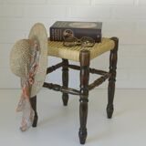 Vintage rustic stool, wooden ottoman footstool, wicker bench from the 1960