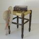 Vintage rustic stool, wooden ottoman footstool, wicker bench from the 1960