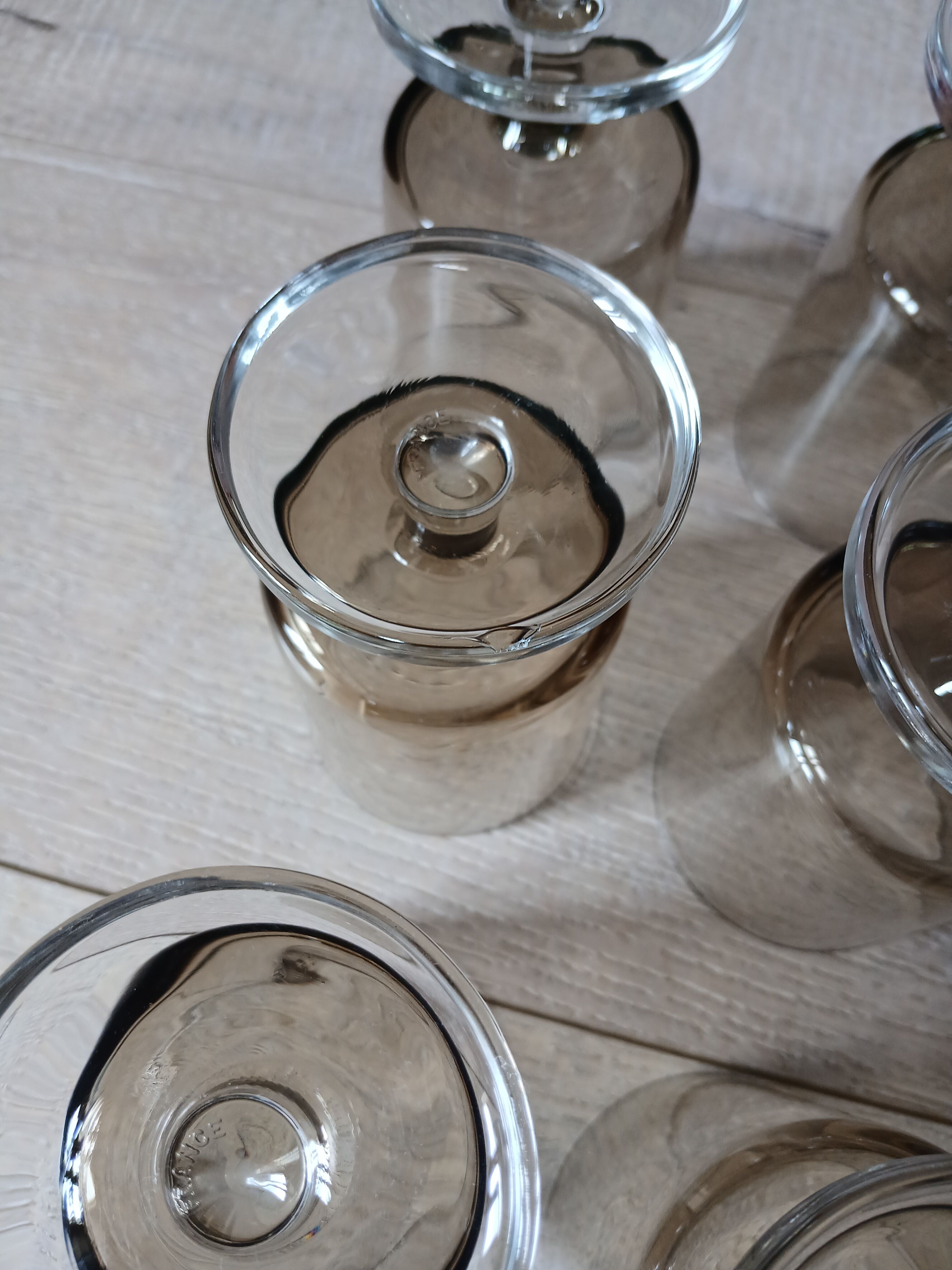 7 vintage stemmed glasses in smoked glass