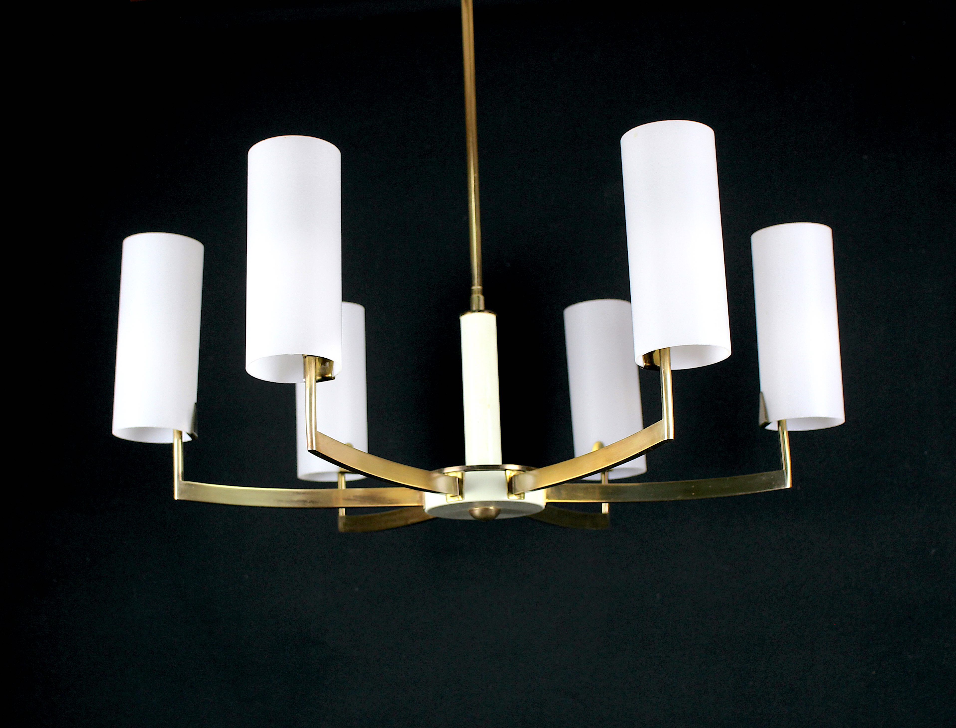 Brass and white chandelier, six opalines, Italy