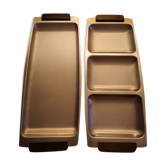 Duo de plateaux de service en acier inoxydable brossé - anses bois - années 1970/80