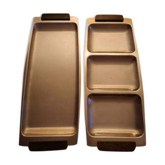 Duo of brushed stainless steel service trays - anses bois - 1970s/80s