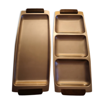 Duo of brushed stainless steel service trays - anses bois - 1970s/80s