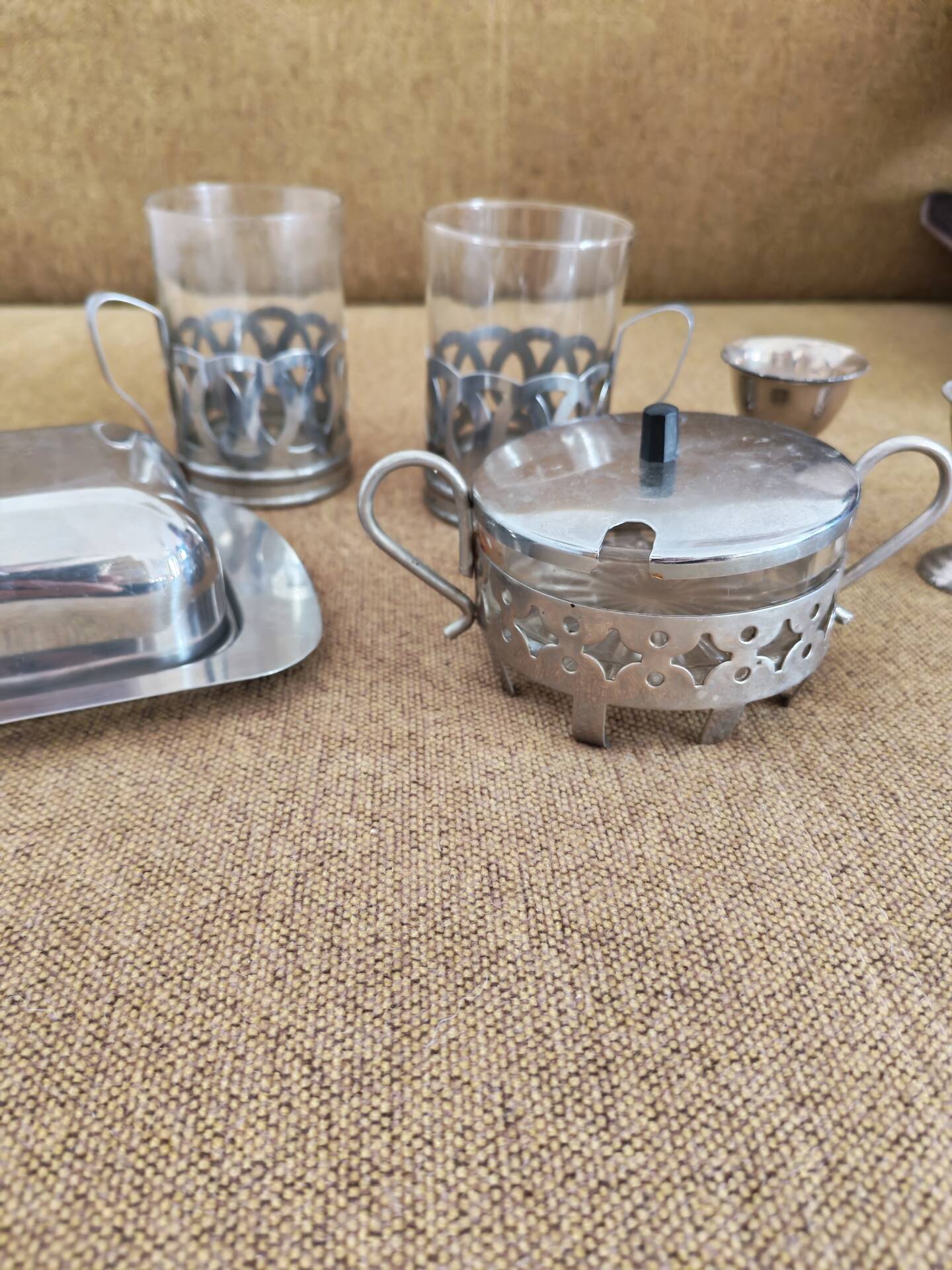 Vintage glass and silver metal breakfast set