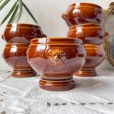 6 lion head bowls in ceramic, vintage brown style Emile Henry, made in France.