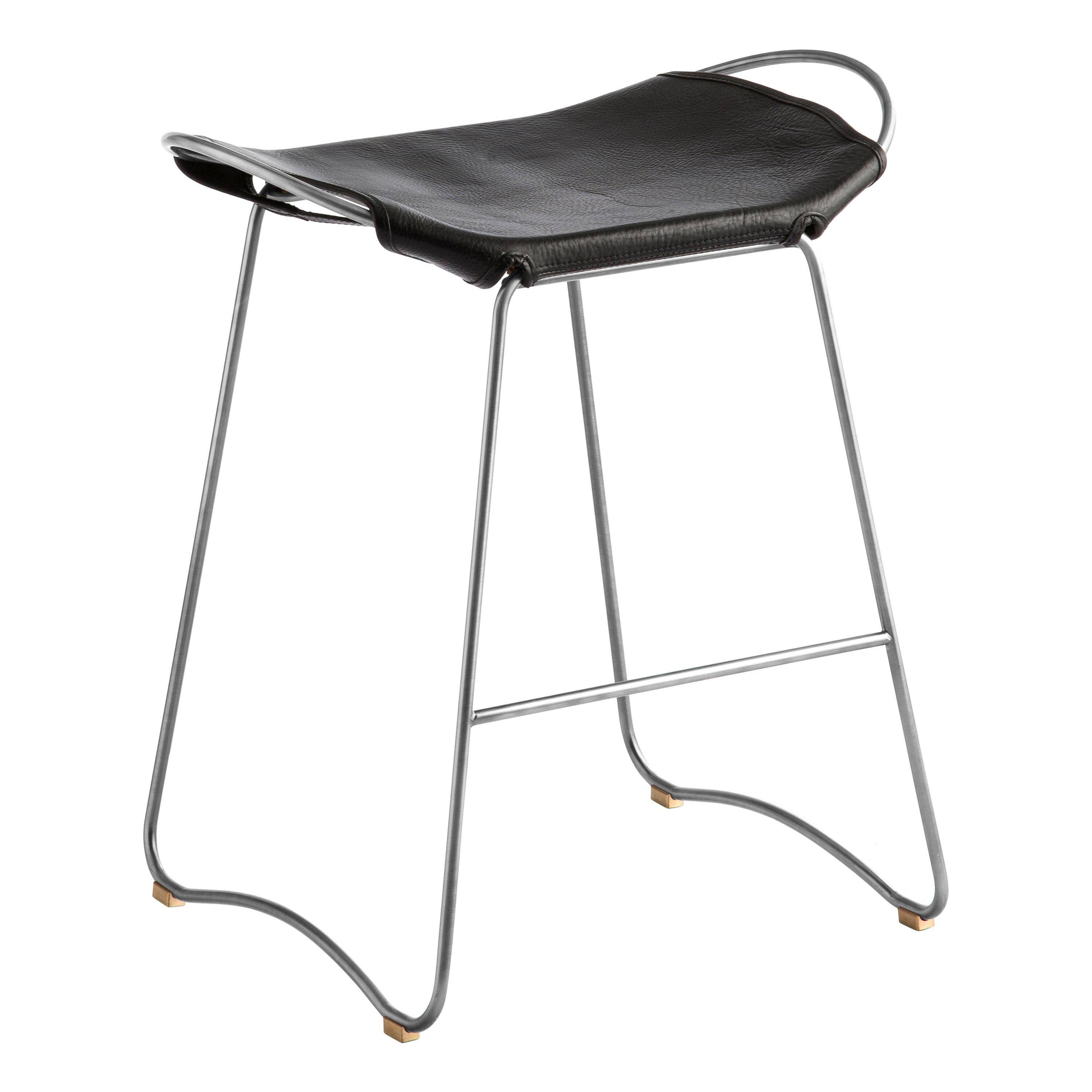 Tabouret de bar sculptural organique contemporain Métal argenté vieux et cuir noir