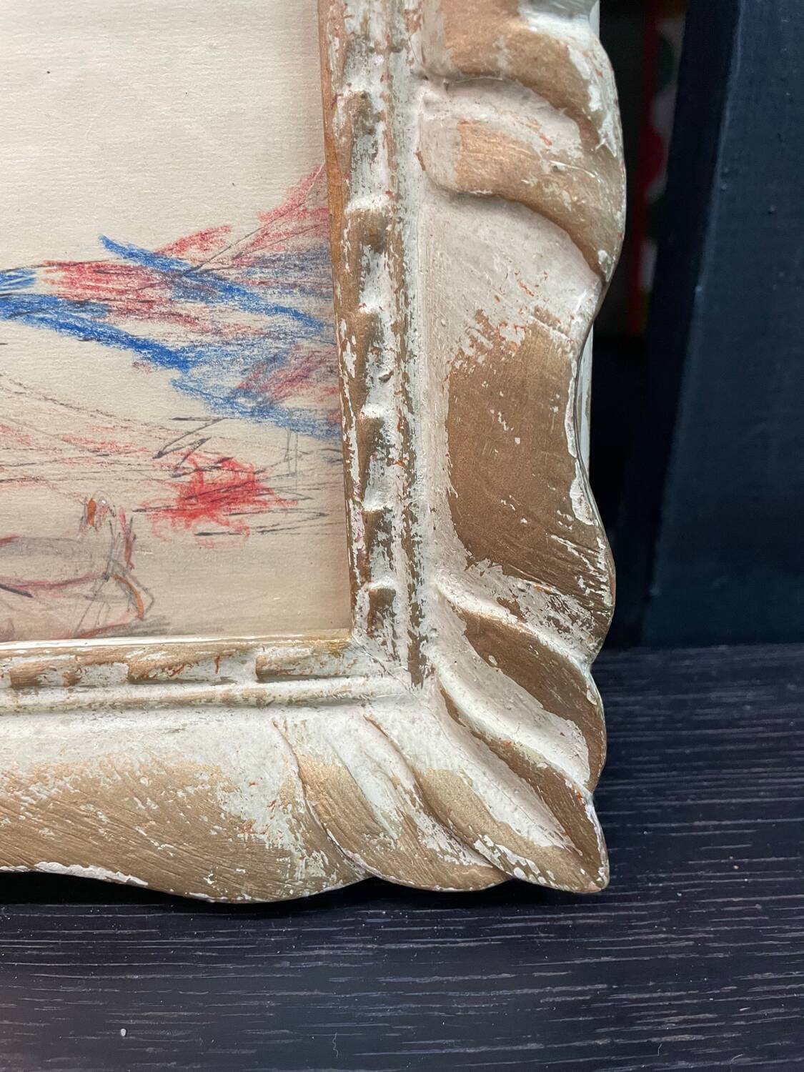 Dry pastels on paper “woman knitting on the beach”