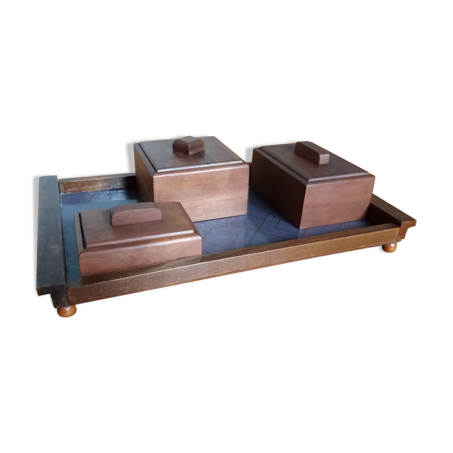 Ensemble de 3 boites en bois sur plateau set de bureau ou de fumeur