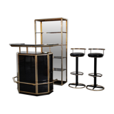 Bar sec Hollywood Regency avec deux tabourets et étagère miroir, années 1980
