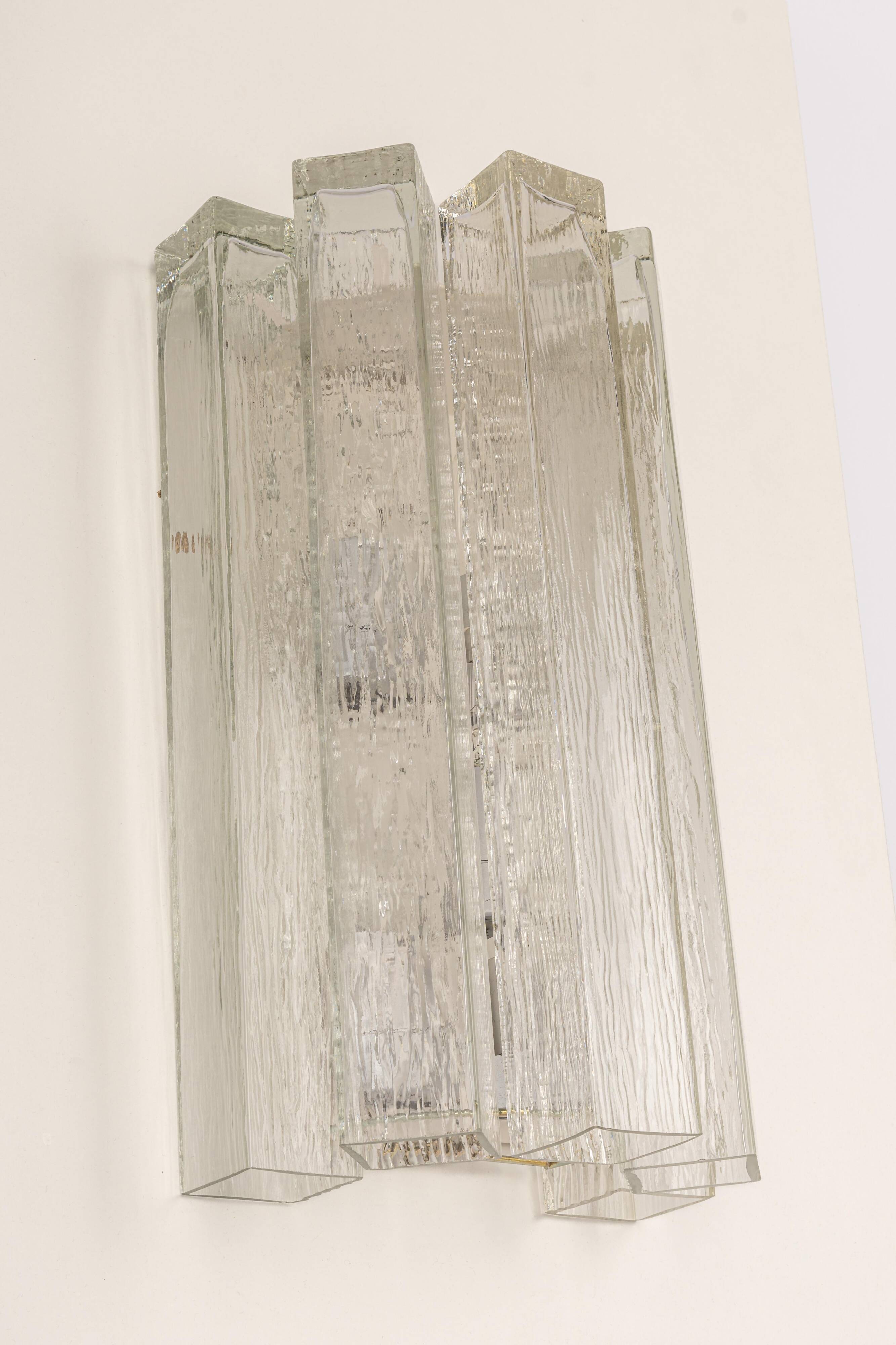 Large pair of wall sconces in brass and Murano glass by Doria, Germany, 1960s.