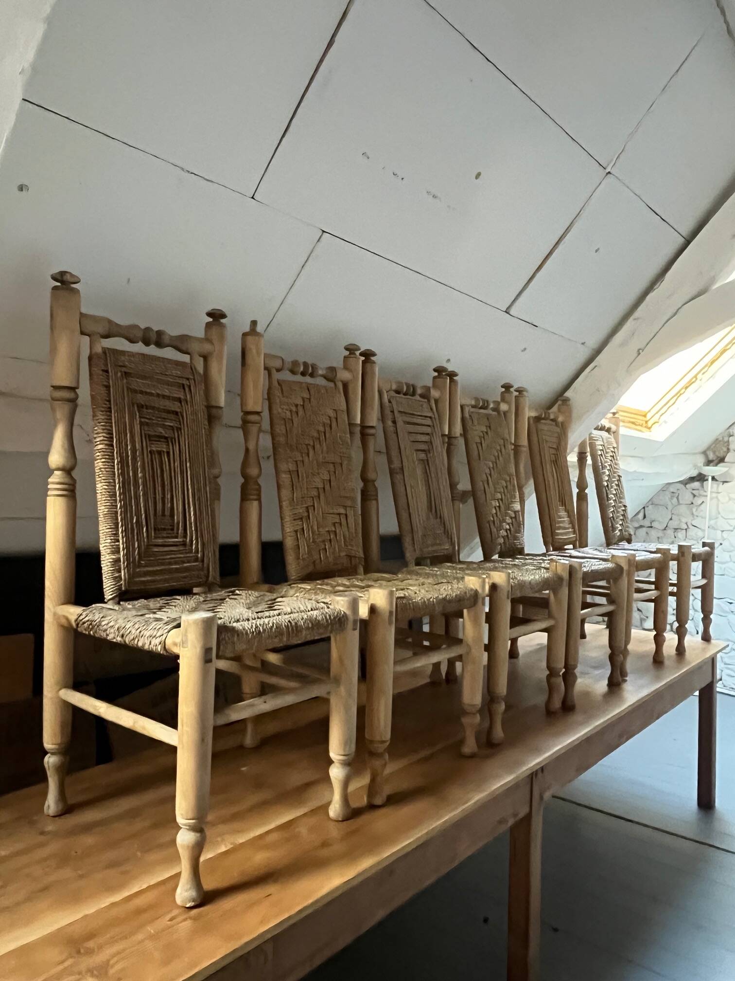 6 wooden and rope chairs attributed to Adrien Audoux & Frida Minet