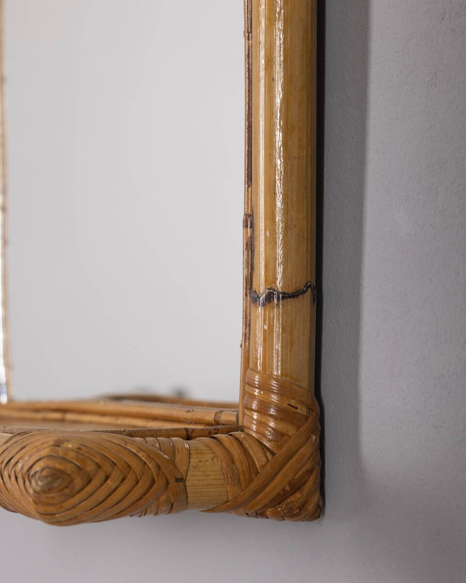 Vintage 1960s Wall Mirror with Bamboo Shelf, Italian Design