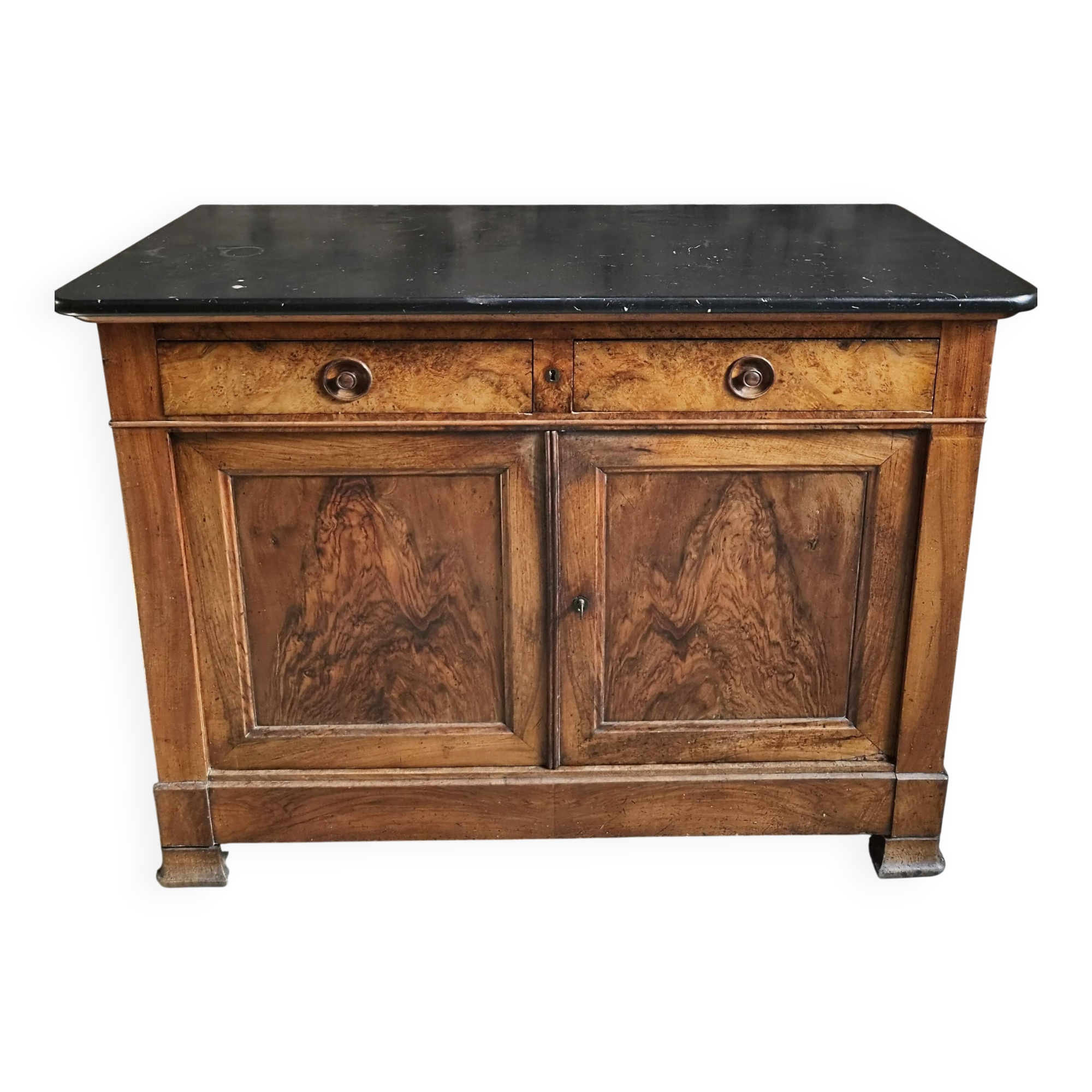 French Louis Philippe walnut buffet with black marble top, France, circa 1840–1860.
