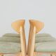 Set of 6 modern dining chairs, sage fabric and natural beech wood.