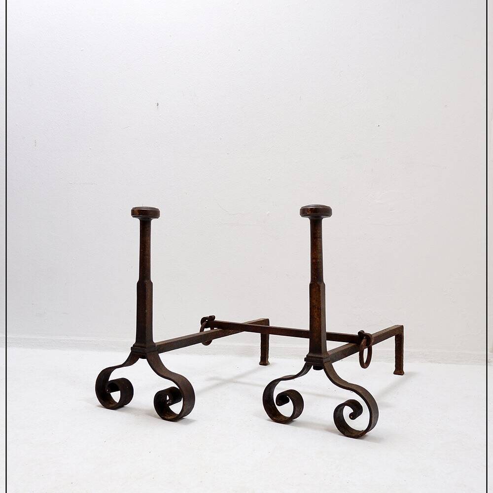 Pair of antique wrought iron fire dogs - 19th century